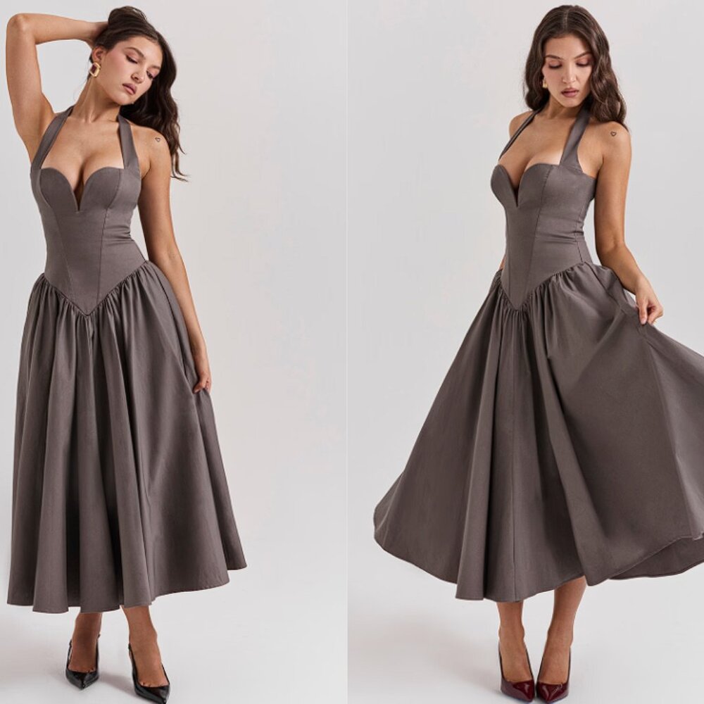 House of CB ‘Coquette' Smoke Halter Midi Dress NWOT - Picture 1 of 11